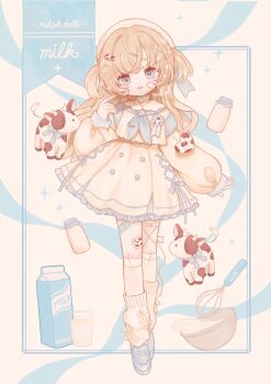 1girl bandaid bandaid_on_face bandaid_on_leg blonde_hair blue_eyes blue_footwear blue_neckerchief blue_ribbon blush bowl cow dot_nose dress dress_ribbon drink_carton english_text frilled_dress frills full_body glass hair_ornament hand_up hat heart heart_hair_ornament highres kneehighs legs_together long_hair long_sleeves milcah milk milk_carton neckerchief original ribbon short_dress smile socks solo sparkle sparkling_eyes standing straight-on straight_hair stuffed_animal stuffed_toy whipped_cream whisp white_dress white_hat white_socks