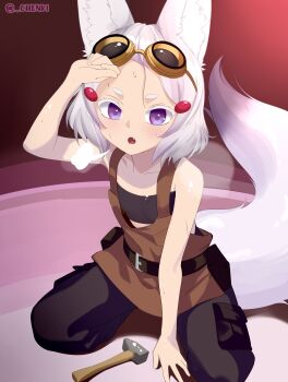 1girl absurdres animal_ear_fluff animal_ears apron artist_name brown_apron chenki_(chenki) commentary english_commentary fox_ears fox_girl fox_tail goggles goggles_on_head hammer highres looking_at_viewer open_mouth phase_connect purple_eyes short_hair solo sweat tail tenma_maemi thick_eyebrows thick_eyelashes virtual_youtuber white_hair