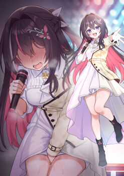 1girl absurdres asymmetrical_sidelocks azki_(4th_costume)_(hololive) azki_(hololive) between_legs black_hair braid breasts colored_inner_hair commentary_request double-parted_bangs dress frilled_overskirt hair_between_eyes hair_intakes hair_ornament half_up_half_down_braid hand_between_legs high-low_dress highres holding holding_microphone hololive implied_masturbation kokemomo_(makesound) long_hair microphone multicolored_hair multiple_views official_alternate_costume open_mouth paid_reward_available pink_hair purple_eyes pussy_juice sidelocks smile streaked_hair textless_version trembling very_long_hair virtual_youtuber white_dress white_hair