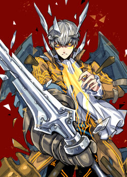 Rule 34 | 1boy, armor, ascot, coat, commentary request, cowboy shot, debris, frilled sleeves, frills, glowing, glowing eyes, grey hair, hair between eyes, highres, holding, holding sword, holding weapon, horns, layered sleeves, long sleeves, looking at viewer, male focus, metaphor: refantazio, mgmgdes61, orange eyes, red background, short hair, solo, standing, strohl (metaphor: refantazio), sword, warrior (archetype), weapon, white ascot, yellow coat