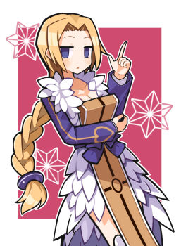 Rule 34 | 1girl, :o, angel, arm under breasts, armor, blonde hair, blue eyes, border, bow, braid, braided ponytail, breasts, brown loincloth, cleavage, collarbone, commentary, cowboy shot, curtained hair, disgaea, dot nose, feather dress, female angel (disgaea), french braided ponytail, greaves, hair intakes, hand on own elbow, hand up, highres, index finger raised, jacket, jitome, knee guards, loincloth, long hair, looking at viewer, low-tied long hair, no pupils, outline, outside border, parted hair, parted lips, pink background, pointing, pointing up, purple bow, purple jacket, raised eyebrows, red background, solo, standing, suaman, two-tone background, waist bow, white border, white outline