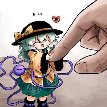 Rule 34 | 1girl, 1other, black boots, black hat, boots, bow, buttons, closed eyes, commentary request, diamond button, eyeball, floral print, frilled shirt collar, frilled sleeves, frills, green hair, green skirt, hat, hat bow, hat ribbon, heart, heripantomorrow, komeiji koishi, mini person, minigirl, ribbon, rose print, shirt, skirt, smile, third eye, touhou, translated, wide sleeves, yellow bow, yellow ribbon, yellow shirt