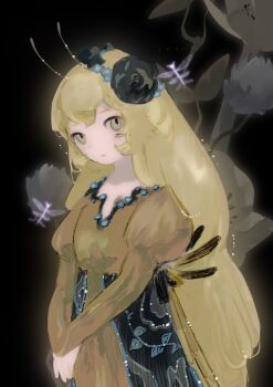 1girl absurdres antennae black_background black_flower black_rose blonde_hair blue_flower brown_dress butterfly_wings closed_mouth dress fairy fairy_wings flower folded_wings highres insect_wings long_hair long_sleeves looking_at_viewer original puffy_sleeves rose shieriru simple_background solo standing upper_body wings yellow_eyes