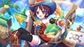 1girl :d anchor ascot bandou_mikuru bare_shoulders belt black_thighhighs blonde_hair blue_hat blue_sky boots breasts brown_belt brown_boots brown_hair captain_hook captain_hook_(cosplay) cardboard_cutout cloud coconut_tree cosplay crossed_legs dot_nose dutch_angle film_grain floating_island game_cg gloves hat hook_hand island izumi_tsubasu jolly_roger looking_at_viewer multicolored_hair non-web_source ocean official_art open_mouth palm_tree peter_pan_(novel) pirate_costume pirate_ship rainbow re:stage! red_eyes red_hat rope short_hair single_glove sitting sky small_breasts smile solo streaked_hair thighhighs tree two-sided_fabric two-sided_headwear two-tone_hair white_gloves yellow_ascot