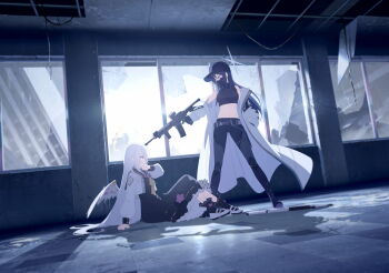 2girls artist_request assault_rifle azusa_(blue_archive) baseball_cap black_dress black_hair black_hat black_pants black_socks black_sports_bra blue_archive blue_eyes blue_halo clenched_teeth coat cropped_jacket dress feathered_wings game_cg grey_hair gun halo hand_in_pocket hat highres holding holding_gun holding_weapon jacket looking_at_another mask mouth_mask multiple_girls navel non-web_source official_art open_clothes open_jacket pants purple_eyes rifle saori_(blue_archive) shoes socks sports_bra stomach teeth weapon white_coat white_jacket white_shoes white_wings wings yellow_halo