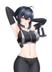 Rule 34 | 1girl, absurdres, ahoge, armpits, arms behind head, arms up, black choker, black hair, black pants, breasts, choker, commentary, cowboy shot, crop top, grace howard, highres, large breasts, leggings, looking at viewer, midriff, mouth hold, navel, nights viper, orange eyes, pants, pouch, short hair, sidelocks, simple background, solo, sports bra, standing, stomach, thighs, white background, zenless zone zero