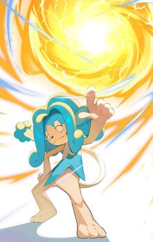 1other :3 blue_hair closed_eyes closed_mouth energy focus_blast_(pokemon) full_body gen_5_pokemon hand_on_own_hip highres monkey monkey_tail nintendo no_humans pokemon pokemon_bw pokemon_move shadow simipour simple_background smile solo standing tail teo_(telo_ruka) white_background