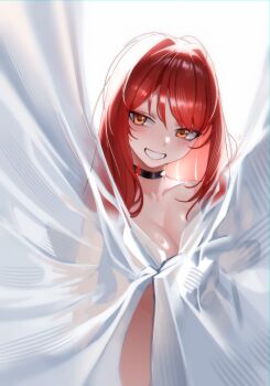 1girl 1im_illus absurdres black_choker blush breasts choker collarbone curtains goddess_of_victory:_nikke grin highres large_breasts long_hair nude official_alternate_costume rapi_(nikke) rapi_(red_hood)_(cherished_red)_(nikke) rapi_(red_hood)_(nikke) red_eyes red_hair simple_background smile solo upper_body white_background