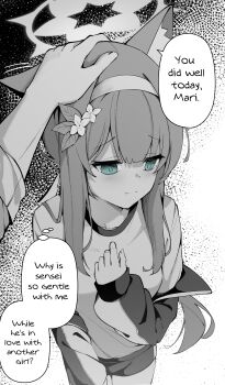 Rule 34 | 1boy, 1girl, absurdres, animal ears, averting eyes, blue archive, blue eyes, cat ears, closed mouth, clover dot (clov erd), commentary, cowboy shot, empty eyes, english commentary, english text, flower, greyscale, gym shirt, gym shorts, hair flower, hair ornament, hair over shoulder, halo, hand on another's head, headpat, highres, light smile, mari (blue archive), mari (track) (blue archive), monochrome, official alternate costume, pov, pov hands, sensei (blue archive), shirt, shorts, smile, solo focus, speech bubble, spot color, thought bubble