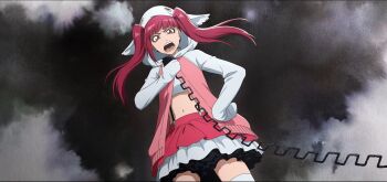 1girl animal_hood bleach bleach:_brave_souls bleach:_sennen_kessen-hen blunt_bangs cardigan chain cloud cowboy_shot crop_top dokugamine_riruka dutch_angle floating_hair frilled_skirt frills from_below hand_on_own_hip highres holding holding_microphone hood hood_up hooded_cardigan hooded_jacket hoodie jacket layered_skirt lingerie long_hair long_sleeves looking_at_viewer looking_down microphone midriff miniskirt multicolored_skirt navel official_art open_clothes open_jacket open_mouth petticoat pink_cardigan pink_hair pink_jacket pink_skirt red_eyes red_hair red_skirt second-party_source shirt skirt sleeves_past_fingers sleeves_past_wrists solo standing stomach suspender_skirt suspenders thighhighs thighs twintails underwear v-shaped_eyebrows white_hood white_hoodie white_jacket white_shirt white_skirt white_thighhighs