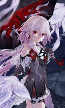 1girl absurdres bare_shoulders black_dress black_gloves chinese_commentary closed_mouth commentary_request dress earrings empty_eyes evernight_(honkai:_star_rail) gloves hair_between_eyes hair_ornament highres holding holding_umbrella honkai:_star_rail honkai_(series) jewelry liang_yu_ji_lai long_hair looking_at_viewer march_7th_(honkai:_star_rail) oil-paper_umbrella outdoors pink_hair red_eyes single_earring smile solo umbrella white_hair