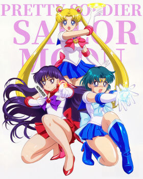 3girls bishoujo_senshi_sailor_moon black_hair blonde_hair blue_boots blue_eyes blue_hair blue_sailor_collar blue_skirt boots bow bowtie commentary_request double_bun elbow_gloves gloves hair_bun high_heels highres hino_rei leotard long_hair magical_girl mizuno_ami multiple_girls pirochi purple_bow purple_bowtie purple_eyes red_bow red_sailor_collar red_shoes red_skirt sailor_collar sailor_mars sailor_mercury sailor_moon sailor_senshi_uniform shoes short_hair skirt tiara tsukino_usagi twintails white_gloves