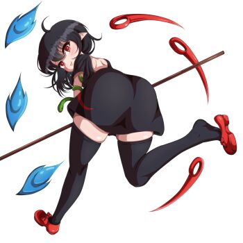 1girl ahoge ass black_dress black_hair black_thighhighs dress full_body good_ass_day hashtag-only_commentary highres houjuu_nue looking_at_viewer looking_back medium_hair pointy_ears red_eyes red_shoes shoes simple_background snake snake_wrapped_around_arm solo thighhighs tongue tongue_out touhou white_background zaguromaru