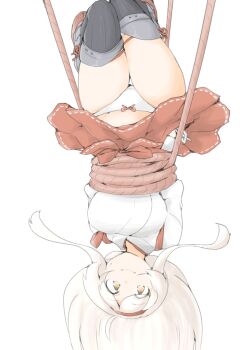 1girl akara_kai blush breasts brown_eyes commentary_request embarrassed grey_hair hair_ribbon hairband hakama hakama_short_skirt hakama_skirt headband highres japanese_clothes kantai_collection long_hair looking_at_viewer red_hakama red_headband ribbon shoukaku_(kancolle) skirt smile solo sweatdrop thighhighs upside-down white_background white_hair