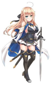 Rule 34 | 1girl, ahoge, bare shoulders, belt, black dress, black gloves, blonde hair, blue eyes, boots, braid, breasts, clip studio paint (medium), cloak, closed mouth, clothing cutout, commentary request, crossed legs, detached sleeves, dot nose, dress, eyebrows hidden by hair, fantasy, frilled sleeves, frills, gloves, gold trim, green eyes, hair between eyes, hair ribbon, half updo, heterochromia, holding, holding sword, holding weapon, large breasts, light blush, light smile, long sleeves, looking at viewer, miyuki rei, original, platform boots, ribbon, scabbard, sheath, sheathed, shoulder cutout, side braids, sideboob, skirt, solo, standing, sword, sword world, sword world 2.0, thigh boots, thighhighs, thighs, two-tone cloak, watson cross, weapon, white background, white cloak, white skirt, white sleeves, zettai ryouiki