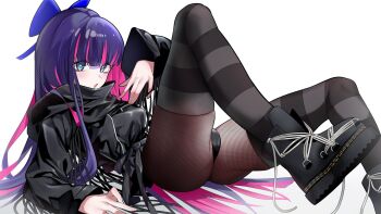 1girl arm_support ass black_boots black_jacket black_panties black_pantyhose black_thighhighs blue_eyes blunt_bangs boots bow colored_inner_hair commentary commission hair_bow hand_up highres hood hooded_jacket jacket leg_up long_hair looking_at_viewer lying multicolored_hair no_pants on_back open_mouth panties panty_&amp;_stocking_with_garterbelt pantyhose pink_hair shiny_skin shoelaces skindentation solo stocking_(psg) striped_clothes striped_thighhighs thighhighs two-tone_hair underwear uuunagidon white_background