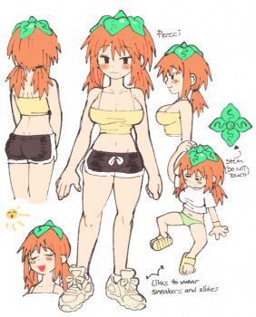 1girl :3 arrow_(symbol) black_shorts blush_stickers breasts camisole character_name cleavage closed_eyes commentary crop_top dolphin_shorts english_commentary english_text front_and_back full_body happy inkerton-kun large_breasts leaf leaf_on_head looking_at_viewer low_twintails monster_girl multiple_views navel no_sclera open_mouth orange_hair original percci_(inkerton-kun) perci_(inkuusan) plant_girl plant_on_head pointing_out_the_details profile reference_sheet sandals scratching_head shirt shoes short_hair short_shorts short_twintails shorts slides sneakers spaghetti_strap standing sun sun_with_face twintails white_shirt white_shoes yellow_camisole