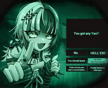 Rule 34 | 1girl, arm strap, choker, commentary, dialogue options, dress, english commentary, english text, fang, green theme, highres, hololive, hololive english, jewelry, long hair, looking at viewer, no i'm not a human, open mouth, porch, pov peephole, ribbon, ring, shiori novella, shiori novella (1st costume), skin fang, solo, striped arm warmers, virtual youtuber, wooden porch, yorick (shiori novella), yume (yume ato29)