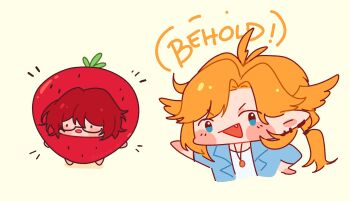 1boy 1girl absurdres ahoge blonde_hair blue_eyes blue_jacket blush_stickers chibi chibi_only dokibird dokibird_(bounty_hunter) ear_piercing earrings english_text fang glasses hair_wings highres indie_utaite indie_virtual_youtuber jacket jewelry looking_at_viewer mikaela_leo necklace open_mouth piercing pointing pointy_ears red_eyes red_hair shirt simple_background smile strawberry_costume virtual_youtuber white_shirt xandu_(utaite) yellow_background