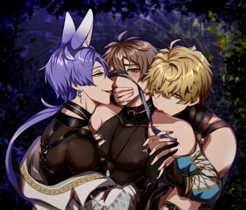 3boys ahoge animal_ear_fluff animal_ears bare_shoulders blindfold blonde_hair blush brown_eyes brown_hair choker cov crystal earrings eiden_(nu_carnival) fingerless_gloves fox_boy fox_ears gloves grabbing_another&#039;s_breast groping half-closed_eyes hand_on_another&#039;s_chest hand_on_another&#039;s_mouth hand_over_mouth highres holding holding_hands jacket jewelry kuya_(nu_carnival) long_hair looking_at_another looking_at_viewer male_chest_grab male_focus multiple_boys nail_polish necklace nu_carnival off_shoulder orange_hair pectoral_cleavage pectoral_grab pectorals ponytail purple_hair sleeveless strap tongue tongue_out yadome810 yaoi yellow_eyes