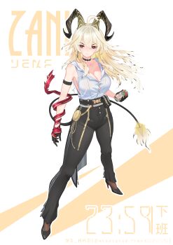 1girl absurdres arm_strap bare_shoulders black_choker black_horns black_pants black_shoes black_tail blonde_hair breasts button_gap can character_name chinese_commentary choker closed_mouth commentary_request curled_horns demon_tail drink_can earrings fire flame-tipped_tail hair_between_eyes high_heels highres holding holding_can horns jewelry key_earrings large_breasts looking_at_viewer necktie necktie_around_wrists pants red_eyes red_necktie shirt shirt_tucked_in shoes solo standing tail torn_clothes torn_shirt v-shaped_eyebrows white_background white_shirt wuthering_waves xiaoyu_yao_(htx1993601) zani_(wuthering_waves)