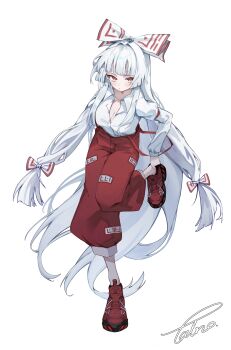 1girl absurdres armlet bow breasts cleavage collarbone commentary followers_favorite_challenge fujiwara_no_mokou full_body hair_bow highres jewelry long_hair looking_at_viewer low-tied_long_hair multiple_drawing_challenge pants partially_unbuttoned red_eyes red_pants red_shoes shoes signature simple_background sneakers solo standing standing_on_one_leg suspenders tadano1129 touhou white_background white_hair