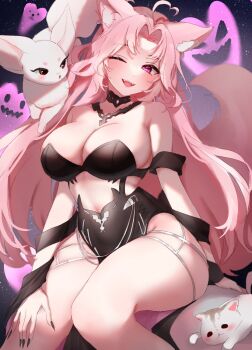1girl ahoge animal_ear_fluff animal_ears black_choker black_nails breasts choker collarbone fingernails fox_ears fox_girl fox_tail hand_on_own_thigh heart heart_ahoge highres indie_virtual_youtuber long_hair one_eye_closed open_mouth pink_eyes pink_hair sharp_fingernails shy_shae smile tail teeth twt_vv202 upper_teeth_only virtual_youtuber