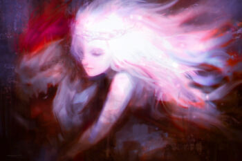 2boys alex_chow armor blonde_hair brothers circlet closed_eyes commentary elden_ring elden_ring:_shadow_of_the_erdtree english_commentary fake_horns gold_armor gold_helmet half-siblings helmet holding horned_helmet horns long_hair miquella_(elden_ring) multiple_boys portrait promised_consort_radahn red_hair shoulder_armor siblings signature sleeveless_tunic smile tunic very_long_hair wavy_hair white_tunic yellow_eyes