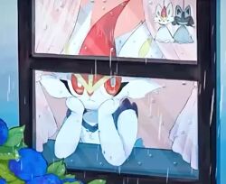 ... 1other animal_hands animal_nose animated blinking blue_flower blue_fur body_fur bright_pupils butter_(oshi8kyoumoh) cinderace closed_mouth curtains expressionless flower furry gen_4_pokemon gen_8_pokemon hands_on_own_chin hands_up head_rest hydrangea looking_to_the_side looking_up looping_animation lucario matching_hair/eyes nintendo other_focus pokemon pokemon_(creature) rabbit_ears rain red_eyes red_hair short_hair speech_bubble spoken_ellipsis teruterubouzu two-tone_fur upper_body video white_fur white_pupils window
