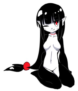 Rule 34 | 1girl, black eyes, black hair, black skin, breasts, colored skin, female focus, hime cut, kai himo, long hair, looking at viewer, low-tied long hair, medium breasts, monster girl, multicolored skin, navel, nude, one eye closed, original, pointy ears, red pupils, seiza, simple background, sitting, smile, solo, very long hair, white background, white skin