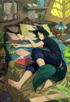 1boy absurdres animal_ear_fluff animal_ears barefoot bed bed_sheet black_hair black_shirt blanket blue_flower blue_pants blunt_ends bob_cut book book_stack bookmark bulletin_board capri_pants closed_eyes commentary_request desk_lamp envelope feet flower fox_boy fox_ears fox_tail genshin_impact glowing_hornshroom_(genshin_impact) green_hair herb herb_bundle highres holding holding_quill indoors lamp leaf lying male_focus map_(object) multicolored_hair nightstand on_bed on_side open_book open_mouth pants paper photo_(object) picture_frame pillow plant quill shelf shirt short_hair short_sleeves sleeping solo streaked_hair tail tighnari_(genshin_impact) toes touji_gnsn window