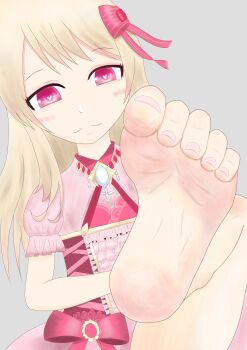 1girl artistic_error barefoot blonde_hair chaos_marie_(grimms_notes) closed_mouth elise_asur foot_focus grimms_notes highres long_hair looking_at_viewer smile solo toes