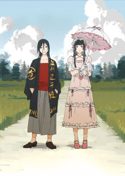 2boys absurdres androgynous black_hair black_jacket black_shoes blue_sky blunt_bangs closed_mouth cloud cloudy_sky commentary_request cosplay crossdressing crossdressing_(mtf) cumulonimbus_cloud dress expressionless field full_body gloves grass grey_eyes grey_skirt hair_between_eyes hands_in_pockets highres hime_cut holding holding_umbrella inu-oh inu-oh_(inu-oh) jacket lolita_fashion long_hair long_skirt long_sleeves looking_at_viewer male_focus mary_janes multiple_boys nature outdoors parasol path pink_dress pink_shoes puffy_short_sleeves puffy_sleeves red_shirt road shimotsuma_monogatari shirt shoes short_sleeves side-by-side skirt sky smile spoilers standing tomona_(inu-oh) tree umbrella umbrella_over_shoulder white_gloves zeloco
