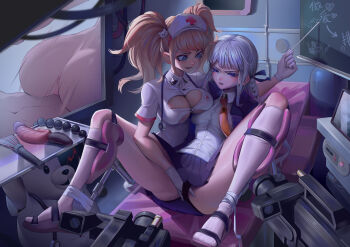 2girls absurdres anal_beads animal_hair_ornament anus arrow_(symbol) ass bdsm bear_hair_ornament bed blonde_hair blue_eyes blunt_bangs bondage bound bound_legs braid breast_press breasts cat_o&#039;_nine_tails chinese_commentary chinese_text cleavage cleavage_cutout clothing_cutout collared_shirt cross danganronpa:_trigger_happy_havoc danganronpa_(series) dildo enoshima_junko female_focus fingering gloves gynecology_chair h.an_(516635864) hair_ornament hair_ribbon hat heart highres holding holding_pointer hospital hospital_bed indoors jacket kirigiri_kyoko kneehighs large_breasts light_purple_hair long_hair looking_at_another mars_symbol miniskirt monokuma multiple_girls naegi_makoto navel necktie nurse_cap open_clothes open_jacket open_mouth orange_necktie pleated_skirt pointer purple_eyes purple_jacket purple_ribbon purple_skirt red_cross restrained ribbon sex_toy shirt short_sleeves skirt smile socks sweat symmetrical_docking television tray twintails underboob vaginal venus_symbol whip white_gloves white_headwear white_shirt white_socks yuri zipper zipper_pull_tab