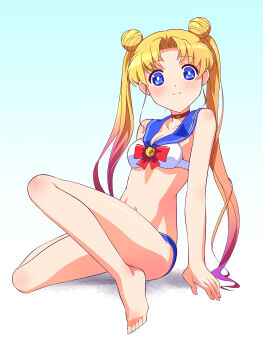 1girl absurdres adapted_costume bare_arms bare_legs bare_shoulders barefoot bikini bishoujo_senshi_sailor_moon blonde_hair blue_eyes blue_sailor_collar breasts bright_pupils choker cleavage closed_mouth collarbone crescent_choker double_bun earrings full_body gradient_background hair_bun highres himehachi_(hime8manga) jewelry medium_breasts mismatched_bikini red_choker sailor_bikini sailor_collar sailor_moon sitting smile solo swimsuit tsukino_usagi twintails white_pupils
