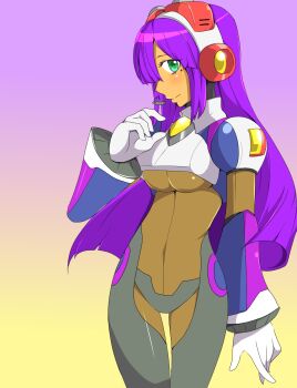 1girl android blush breasts capcom covered_navel cowboy_shot female_focus gloves gradient_background green_eyes highres large_breasts layer_(mega_man) light_smile long_hair mega_man_(series) mega_man_x_(series) mole mole_under_eye moon5225 purple_hair robot_ears simple_background solo underboob white_gloves