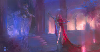 Rule 34 | 1=2, 2girls, ass, ballet slippers, bodysuit, chain, cloak, commentary, crown, cuffs, dress, en pointe, english commentary, flat chest, full body, highres, long hair, mixed-language commentary, multiple girls, original, outstretched arms, pillar, pink hair, restrained, shackles, spread arms, stairs, white bodysuit