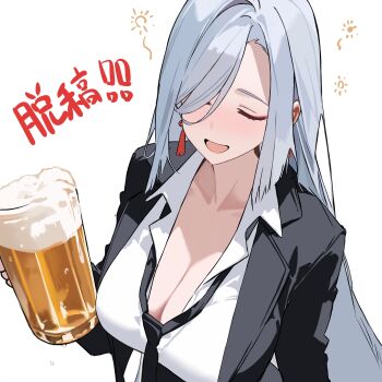 1girl absurdres alcohol alternate_costume beer beer_mug black_jacket black_necktie blush breasts cleavage closed_eyes cup drunk genshin_impact grey_hair highres holding holding_cup jacket large_breasts long_hair loose_necktie mug necktie office_lady shenhe_(genshin_impact) shirt solo suit_jacket upper_body white_background white_shirt yumeto_(ym-1)