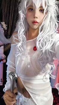 1boy animated asian ass berserk blue_eyes bouncing_penis cosplay dagger erection griffith_(berserk) griffith_(berserk)_(cosplay) highres holding holding_sword holding_weapon jewelry knife lipstick long_hair looking_at_viewer lotion makeup male_masturbation masturbation nail_polish navel necklace nipples penis photo_(medium) pubic_tattoo real_life sound sword tagme tattoo testicles trap uncensored undressing velvetchann video wavy_hair weapon white_hair wig