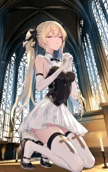 1girl black_shoes blonde_hair breasts candle closed_eyes dress elbow_gloves gloves high_heels impossible_clothes indoors kobayashi_chisato long_hair original parted_lips praying shoes sideboob solo thighhighs twintails very_long_hair white_dress white_gloves white_thighhighs zettai_ryouiki