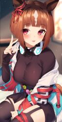 Rule 34 | 1girl, :p, absurdres, animal ears, black shirt, bob cut, bow, breasts, brown hair, commentary request, ear ribbon, headphones, headphones around neck, highres, horse ears, horse girl, jacket, jun (aousa0328), large breasts, long sleeves, looking at viewer, red eyes, red ribbon, ribbon, shirt, short hair, sitting, solo, thighs, tongue, tongue out, transcend (umamusume), umamusume, white jacket