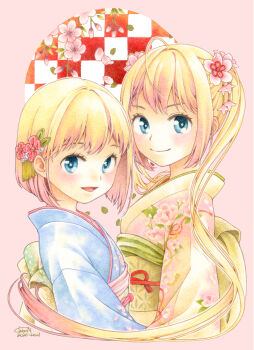 2girls absurdres blonde_hair blue_eyes blush chiori_n colored_pencil_(medium) commentary_request flower hair_ornament highres japanese_clothes kanzashi kimono long_hair looking_at_viewer multiple_girls original short_hair side_ponytail smile traditional_media upper_body very_long_hair
