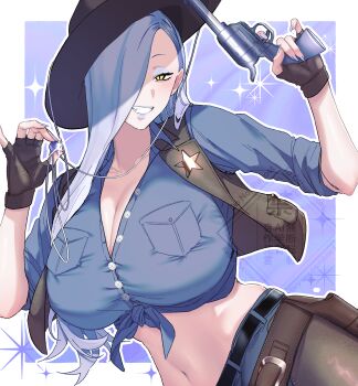 1girl absurdres belt black_hat black_vest blue_lips blue_shirt blue_shorts blush breasts cleavage colt_single_action_army commentary_request cowboy_hat eyeliner fate/grand_order fate_(series) grin gun hair_over_one_eye handgun hat highres hiyayaako large_breasts long_hair looking_at_viewer makeup midriff mrs._snake_(fate) navel pantyhose revolver shirt shorts sleeves_rolled_up smile solo tied_shirt vest weapon white_hair yellow_eyes