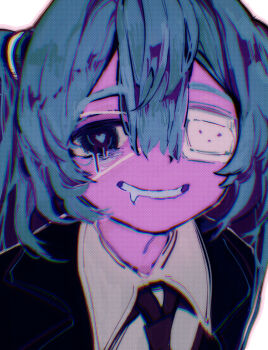 1girl :d absurdres bags_under_eyes black_eyes black_jacket black_necktie blue_hair blue_pupils bright_pupils center-flap_bangs chromatic_aberration collared_shirt colored_skin commentary_request double-parted_bangs drooling eyepatch grin hair_between_eyes hair_ornament halftone hatsune_miku heart heart-shaped_pupils highres jacket kumatuna lapels long_hair looking_at_viewer medical_eyepatch monitoring_(vocaloid) mouth_drool necktie one_eye_covered open_mouth outline pink_outline pink_skin portrait shirt simple_background smile solo symbol-shaped_pupils tearing_up twintails vocaloid white_background white_shirt