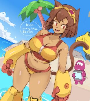 1boy 1girl absurdres alternate_costume animal_ears beach bikini breasts brown_hair cat_ears cat_girl cat_tail coconut_tree commentary curvy english_text fang fang_out furry furry_female gameoverse gauntlets gobbles_(gameoverse) highres kit_bodega large_breasts ocean official_alternate_costume open_mouth outdoors palm_tree rakeemspoon red_eyes sand short_hair sketch speech_bubble swimsuit tail thong thong_bikini tree whiskers wide_hips yellow_bikini