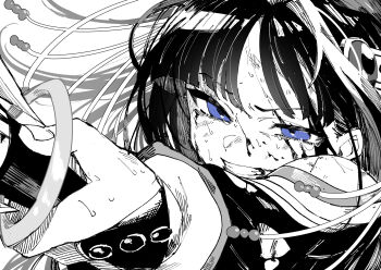 Rule 34 | 1girl, beads, blue eyes, commentary request, greyscale, grimace, hair beads, hair ornament, highres, holding, holding weapon, long hair, magia record: mahou shoujo madoka magica gaiden, mahou shoujo madoka magica, monochrome, nanami yachiyo, nekoma hikaru, outstretched arm, solo, spot color, tears, upper body, weapon