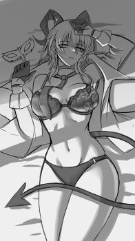 1girl absurdres arm_up bare_shoulders bra breasts breasts_apart choker commentary curled_horns demon_tail den_kun69 english_commentary eye_mask from_above gloves greyscale hair_between_eyes half_gloves hand_up highres horns jewelry key key_necklace large_breasts long_hair lying mask monochrome navel necklace necktie on_back open_clothes open_shirt panties parted_lips sketch solo stomach tail thighs underwear unworn_mask wuthering_waves zani_(wuthering_waves)
