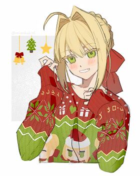 1girl ahoge blonde_hair blush braid bun_with_braided_base character_print commentary cropped_torso fate/extra fate_(series) green_eyes grin hair_bun hair_intakes hair_ribbon highres long_sleeves looking_at_viewer meme nero_claudius_(fate) padoru_(meme) print_sweater raisakaki01 red_ribbon ribbon self_character_print smile solo sweater twitter_username