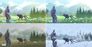 artist_request autumn character_request commentary commentary_request copyright_request creature flower fluffy grass highres horns immorthis monster original scenery seasons simple_background snow spring_(season) tail tree watermark winter