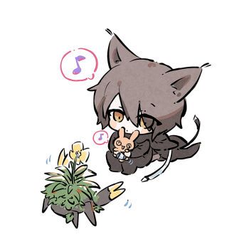 Rule 34 | 1boy, @ @, animal ear fluff, animal ears, arknights, black jacket, black pants, blush stickers, brown eyes, brown hair, chibi, closed mouth, domesticated metal crab (arknights), eighth note, eyes visible through hair, flower, flower on head, hair over one eye, jacket, musical note, myluche, pants, phantom (arknights), simple background, sitting, spoken musical note, tail, tragodia (arknights), white background, yellow flower